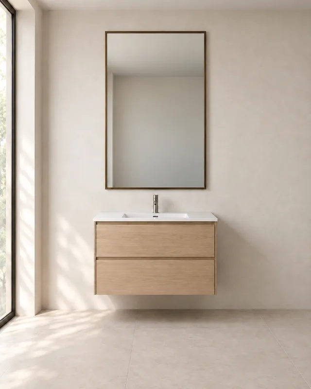 Standard centered 24-inch vanity above a light oak bathroom vanity