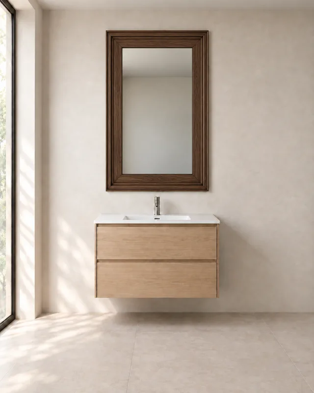 Thick decorative frame above a light oak bathroom vanity