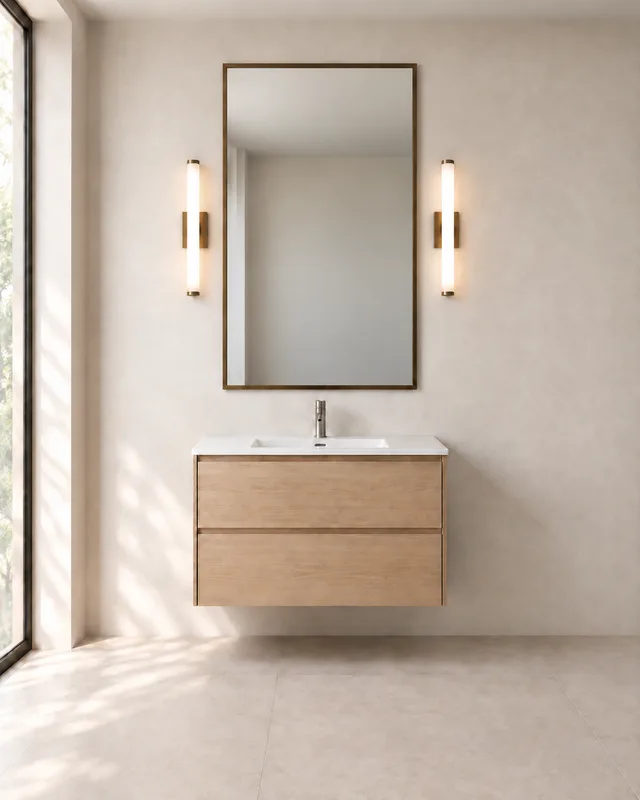 Side sconces above a light oak bathroom vanity