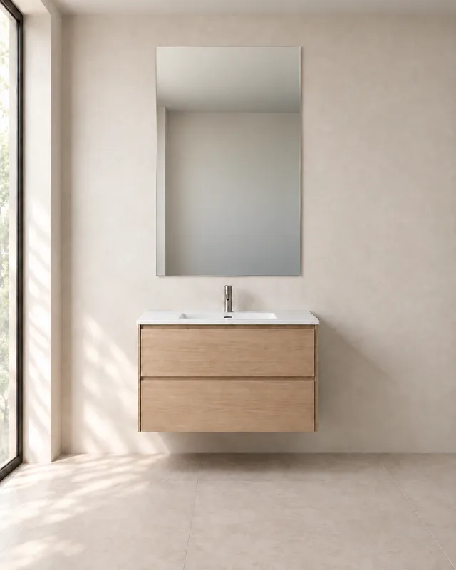 Slim-framed or frameless mirror above a light oak bathroom vanity
