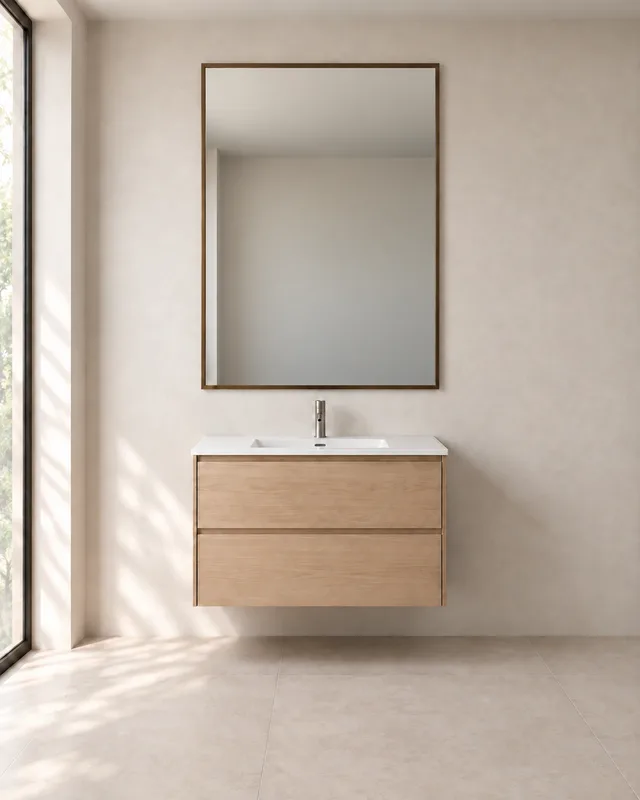 Fuller-width appearance above a light oak bathroom vanity