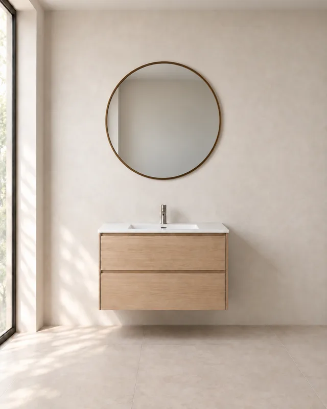 Round mirror above a light oak bathroom vanity