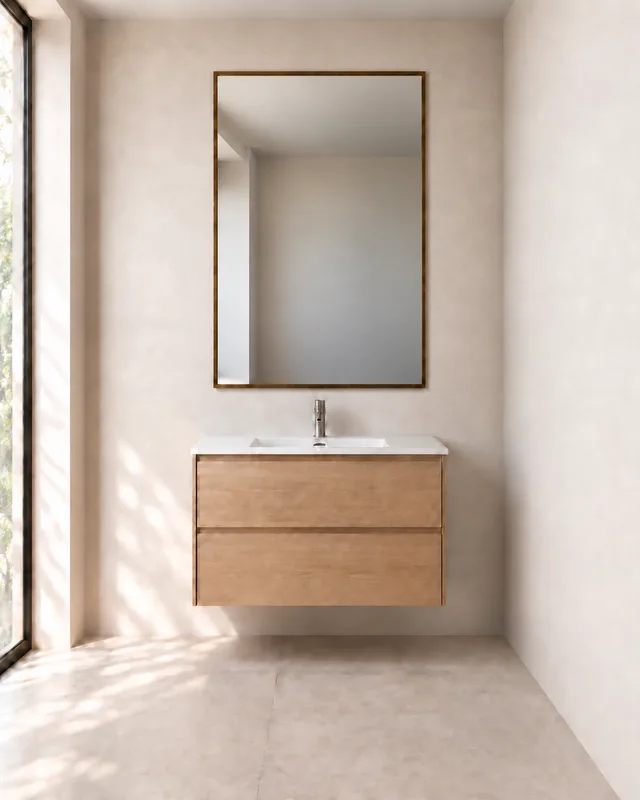 Vanity close to a side wall above a light oak bathroom vanity