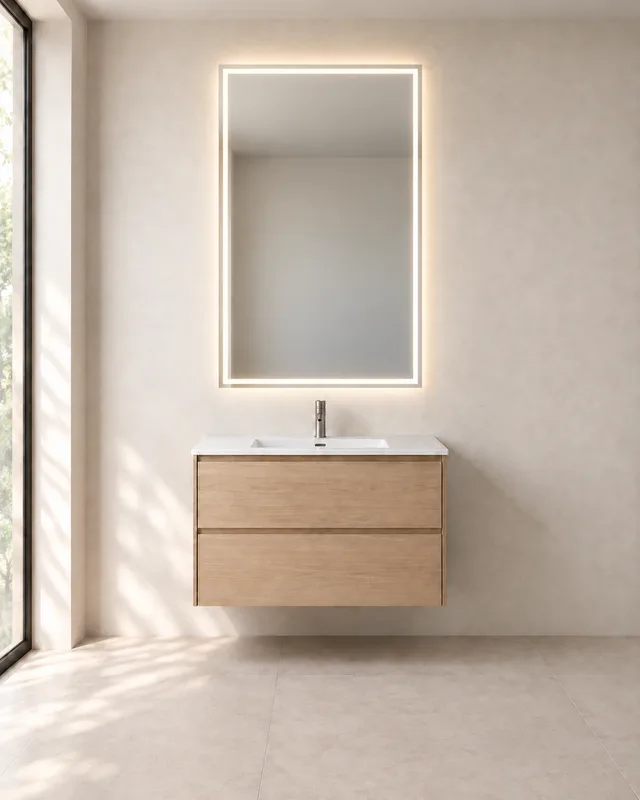 Integrated LED lighting above a light oak bathroom vanity