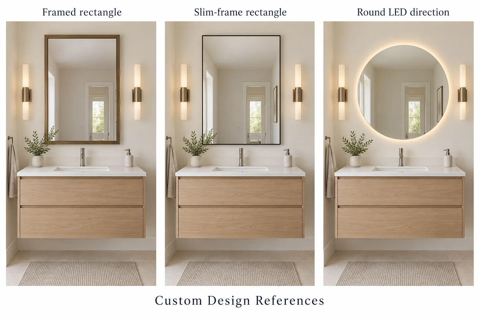 Rectangular framed mirror, slim-frame rectangular mirror and round illuminated mirror compared
