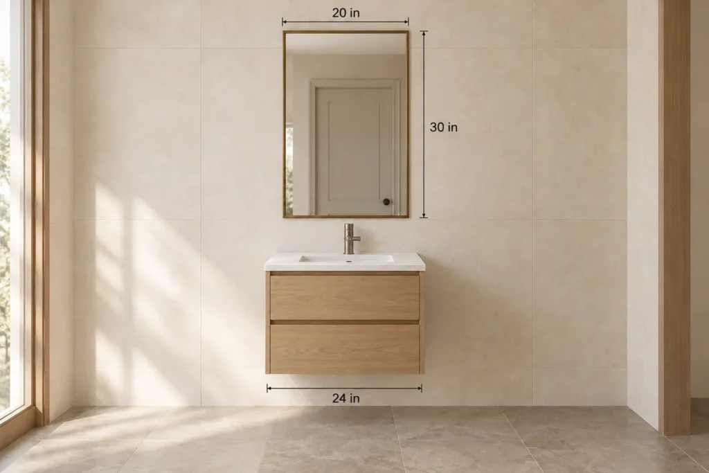 Compact bathroom with a 20 by 30-inch vertical mirror above a 24-inch vanity