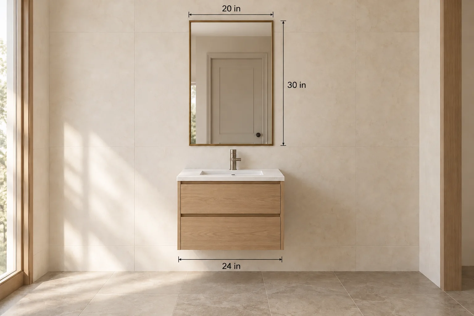 Compact bathroom with a 20 by 30-inch vertical mirror above a 24-inch vanity