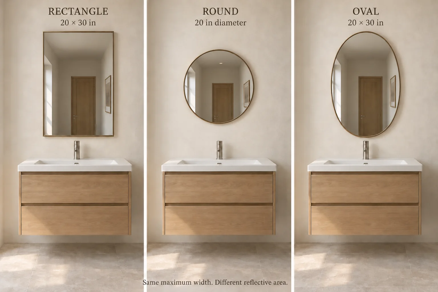 Rectangle, round and oval mirrors compared above the same compact bathroom vanity