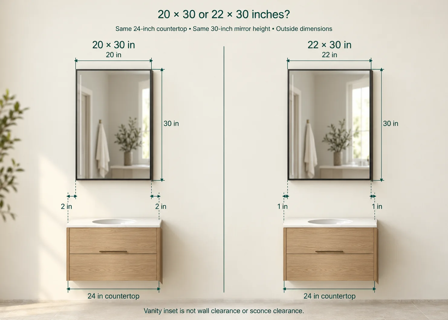 3D comparison of 20 by 30 and 22 by 30-inch mirrors over centered 24-inch vanities, with 2-inch and 1-inch side insets
