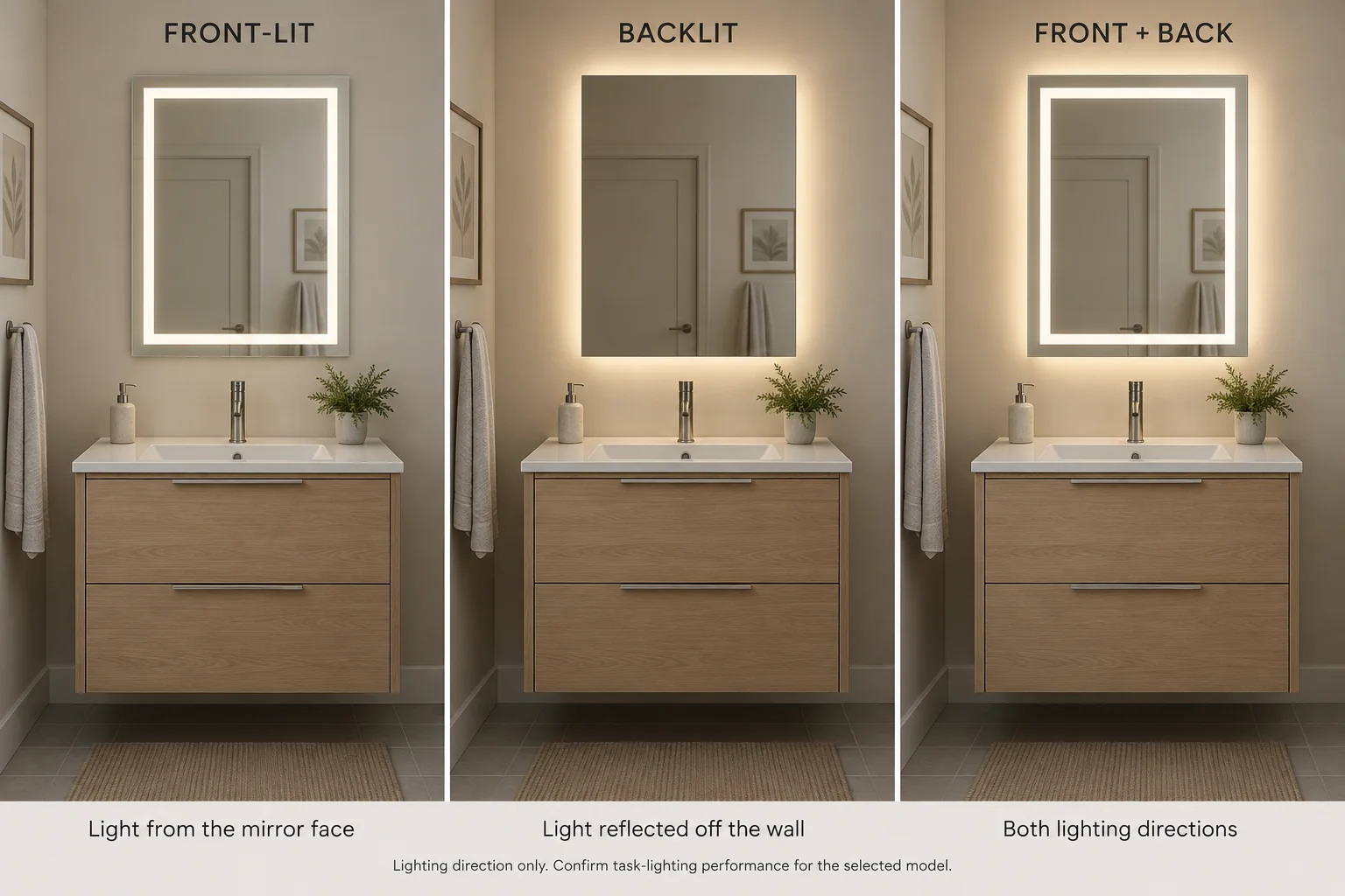 3D comparison of front-lit, backlit and combined mirror lighting directions