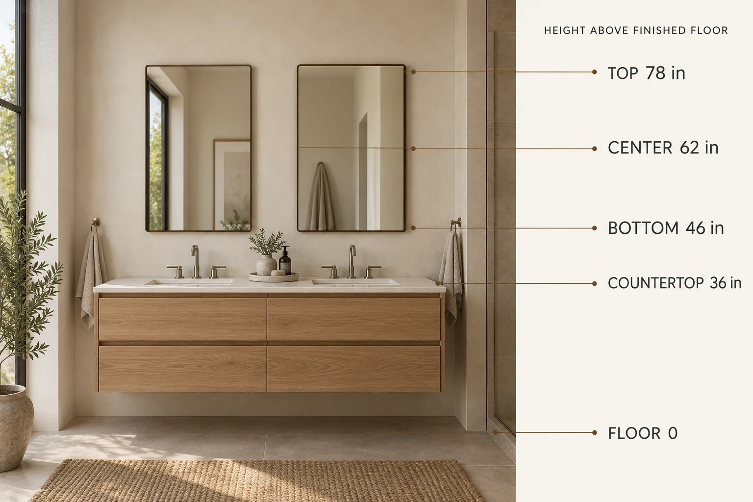 3D mounting-height illustration with example countertop, mirror bottom, center and top heights above the finished floor