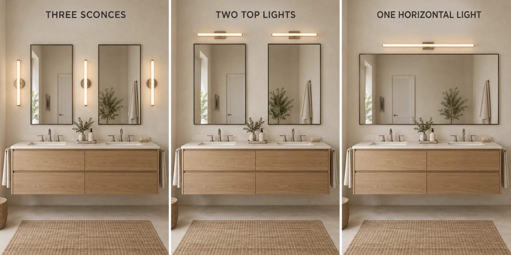 3D comparison of three sconces, two top lights and one horizontal light above double vanities