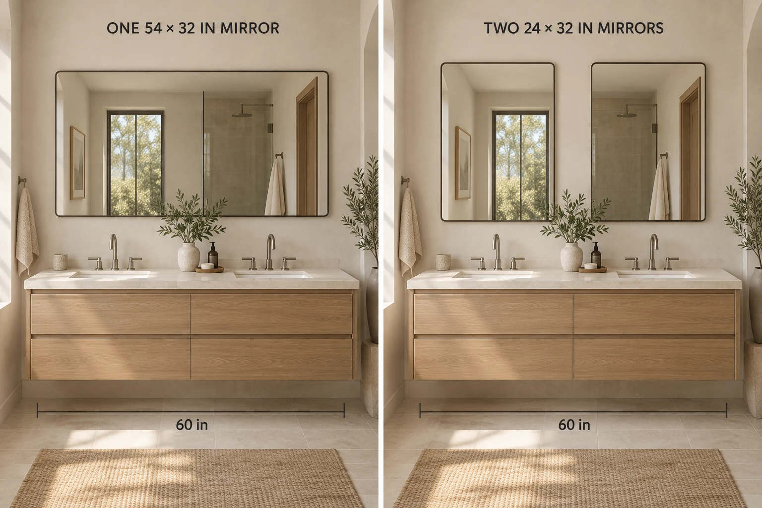 3D comparison of one wide mirror and two separate mirrors above matching double-sink vanities