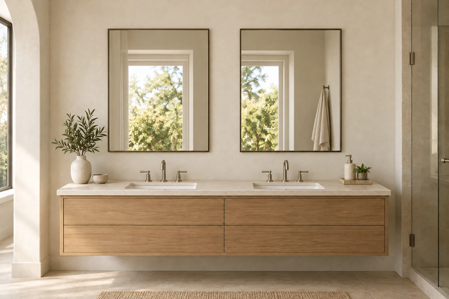 3D bathroom view showing two rectangular mirrors aligned above separate basins