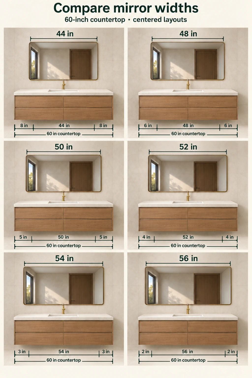Six 3D mirror layouts annotated with 44, 48, 50, 52, 54 and 56 inch mirror widths, side margins and 60 inch countertop dimensions