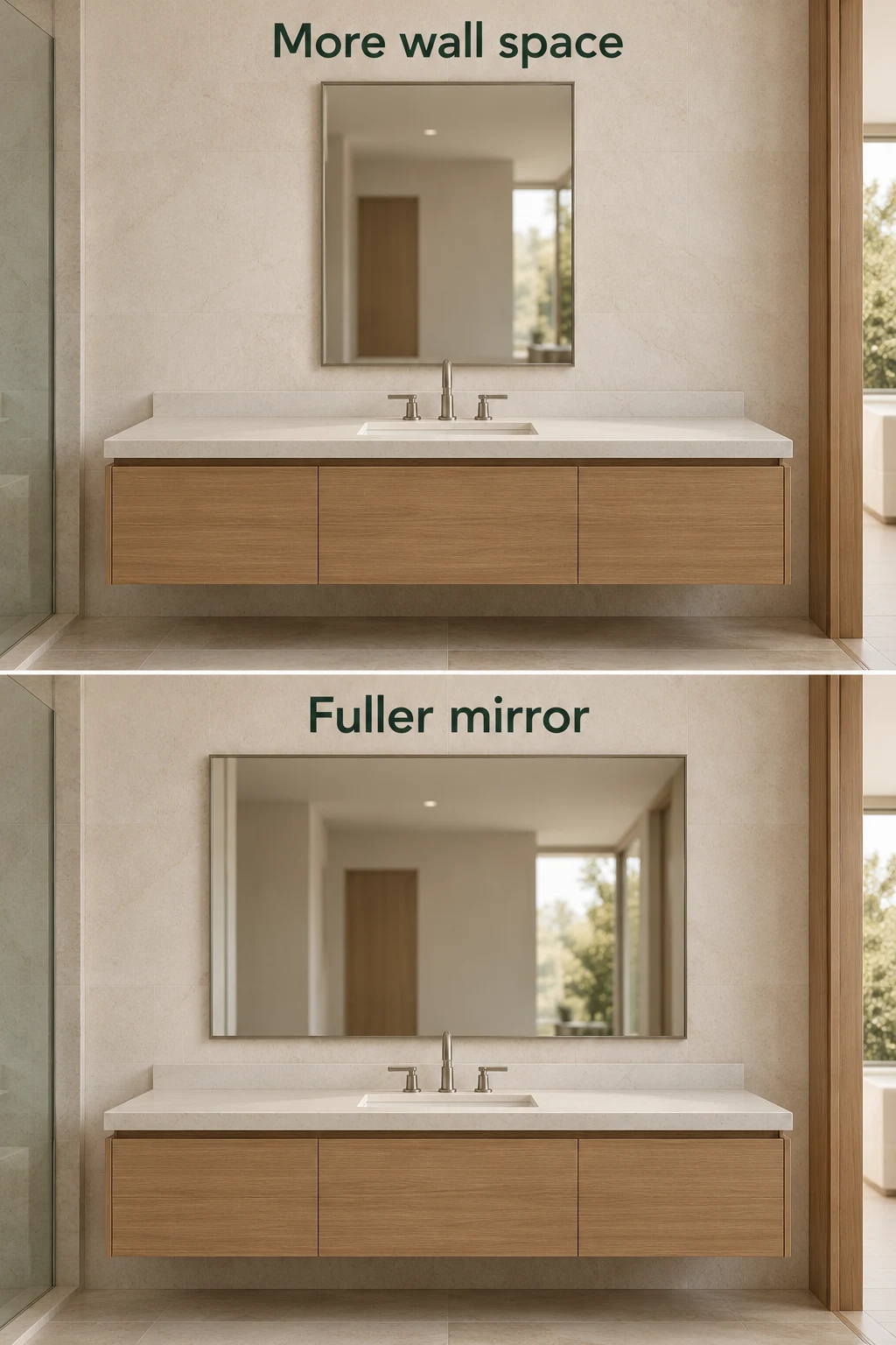 3D comparison of a narrower mirror with more wall space and a fuller mirror composition