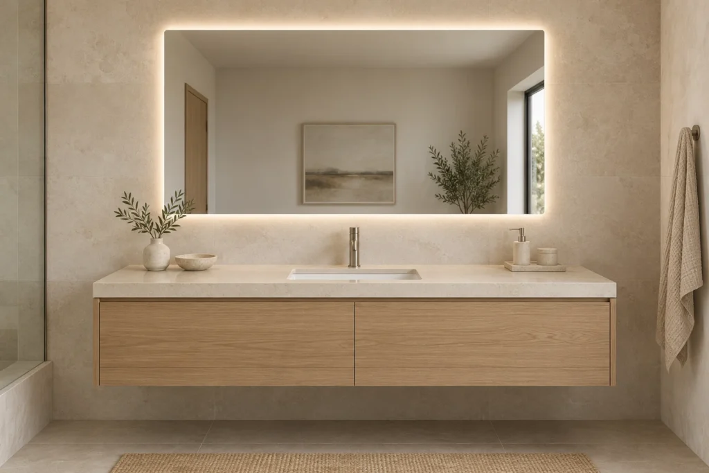 3D bathroom concept with a wide LED mirror and centered single basin