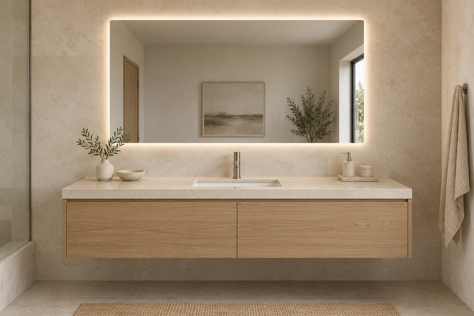 3D bathroom concept with a wide LED mirror and centered single basin