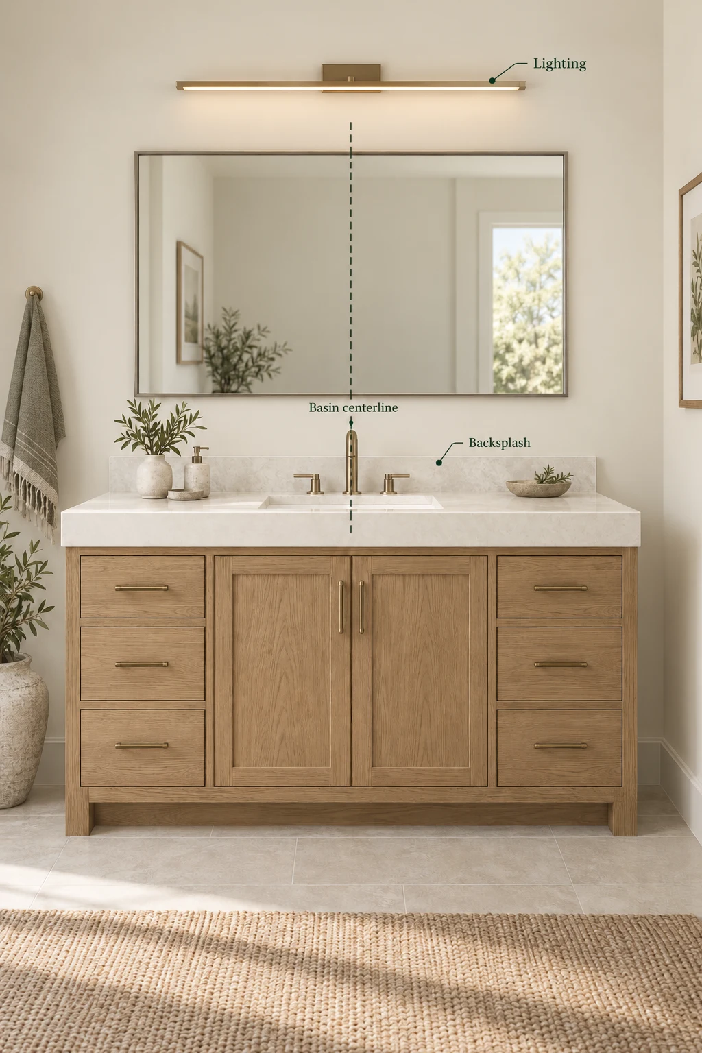 3D single-sink elevation showing basin centerline, lighting and backsplash