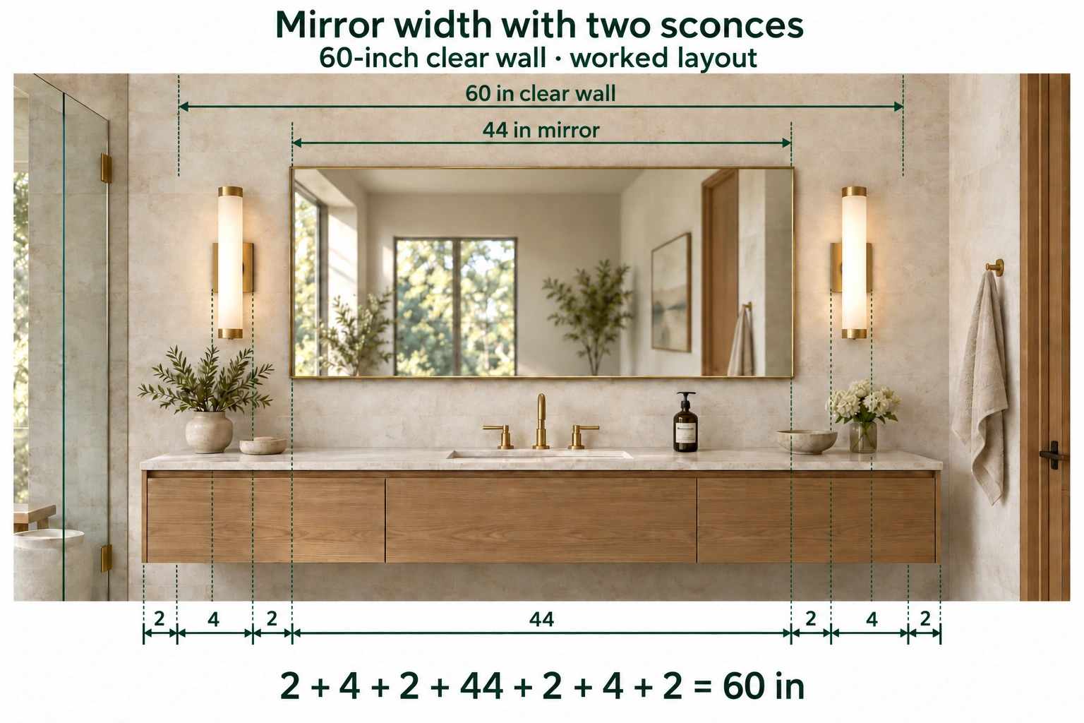 3D sconce layout with 60 inch clear wall and 44 inch mirror dimension lines and the 2, 4, 2, 44, 2, 4, 2 inch width breakdown