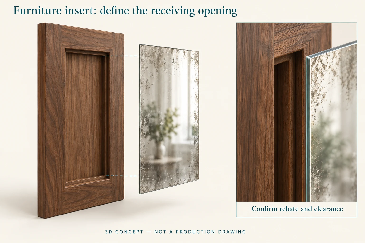 3D exploded concept of an antique mirror insert aligned with a cabinet door rebate