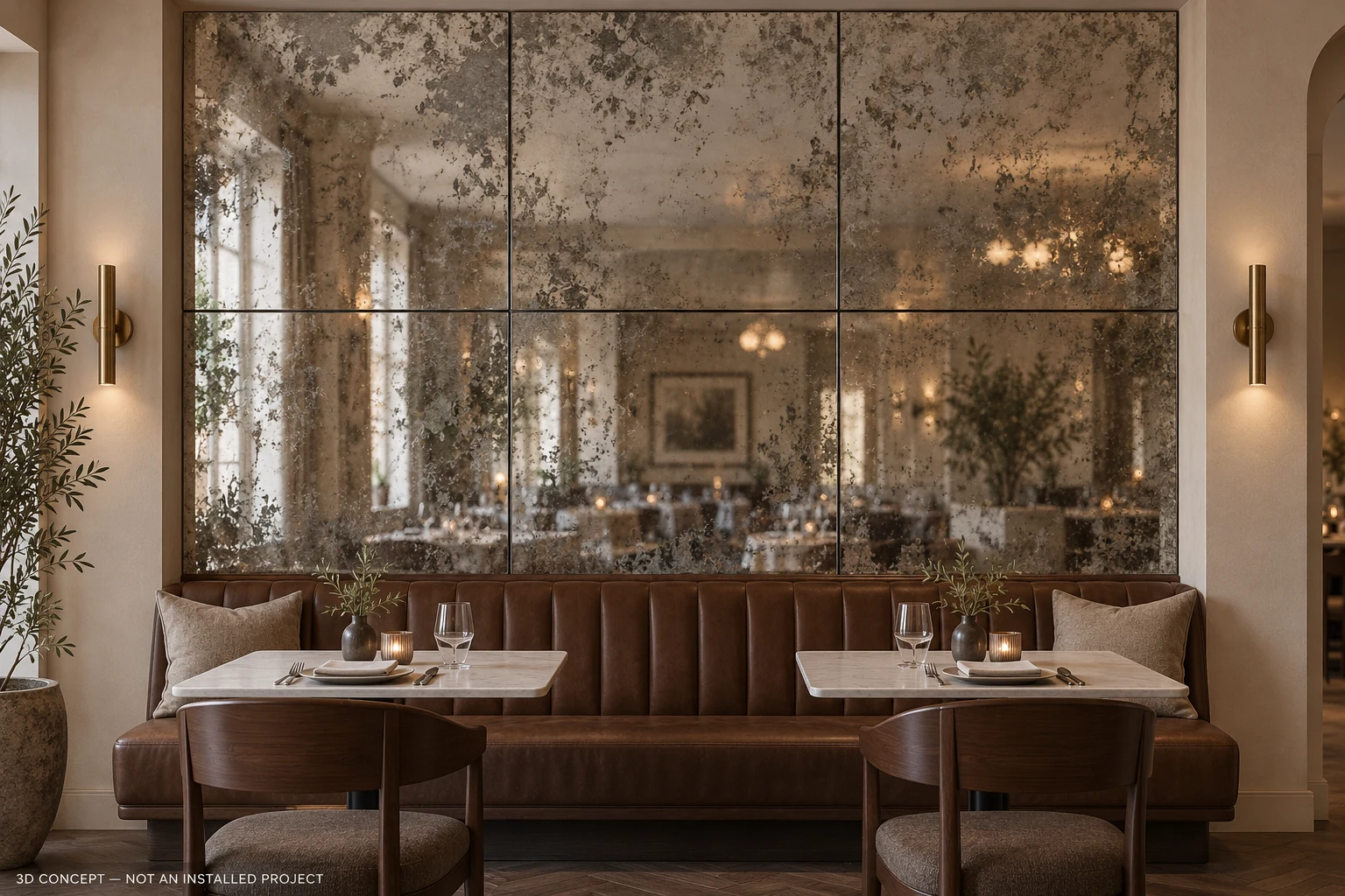 3D concept of a restaurant feature wall using six antiqued mirror panels