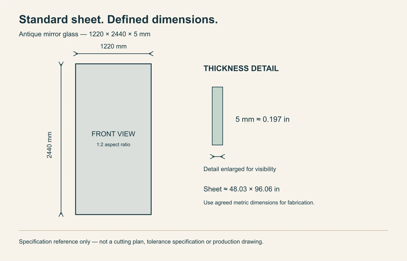 Standard antique mirror glass sheet dimension diagram, 1220 by 2440 mm and 5 mm thickness