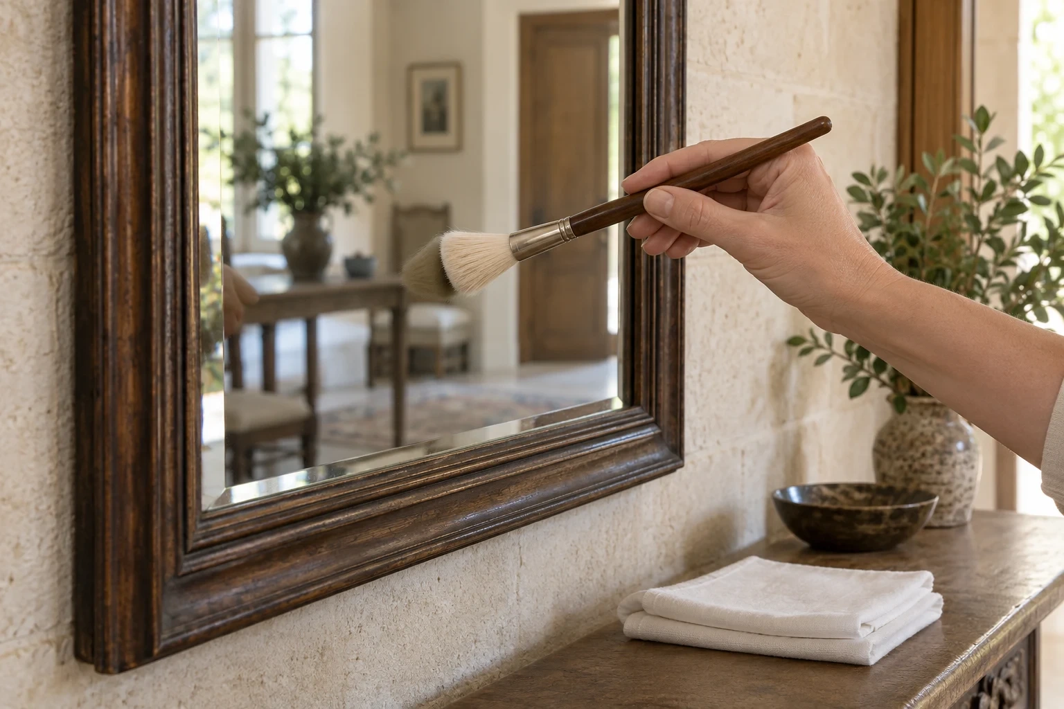 Instructional close-up of a soft brush lightly dusting sound front glass in an intact wooden mirror frame