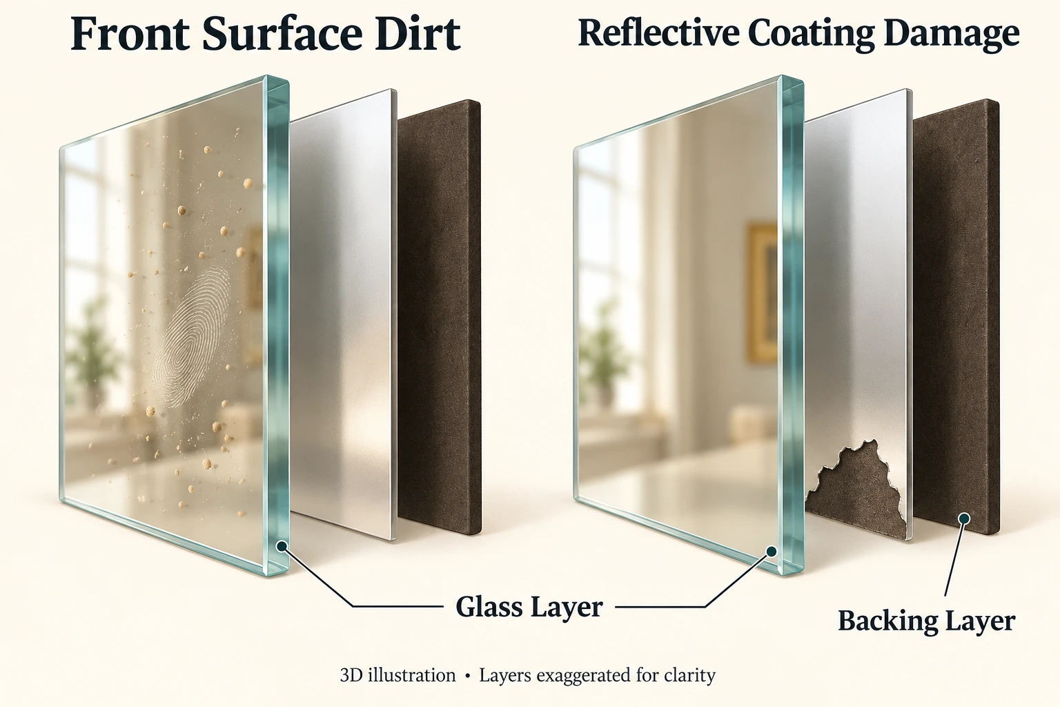 3D comparison of front-surface dirt and reflective coating damage behind the glass, with glass and backing layers separated