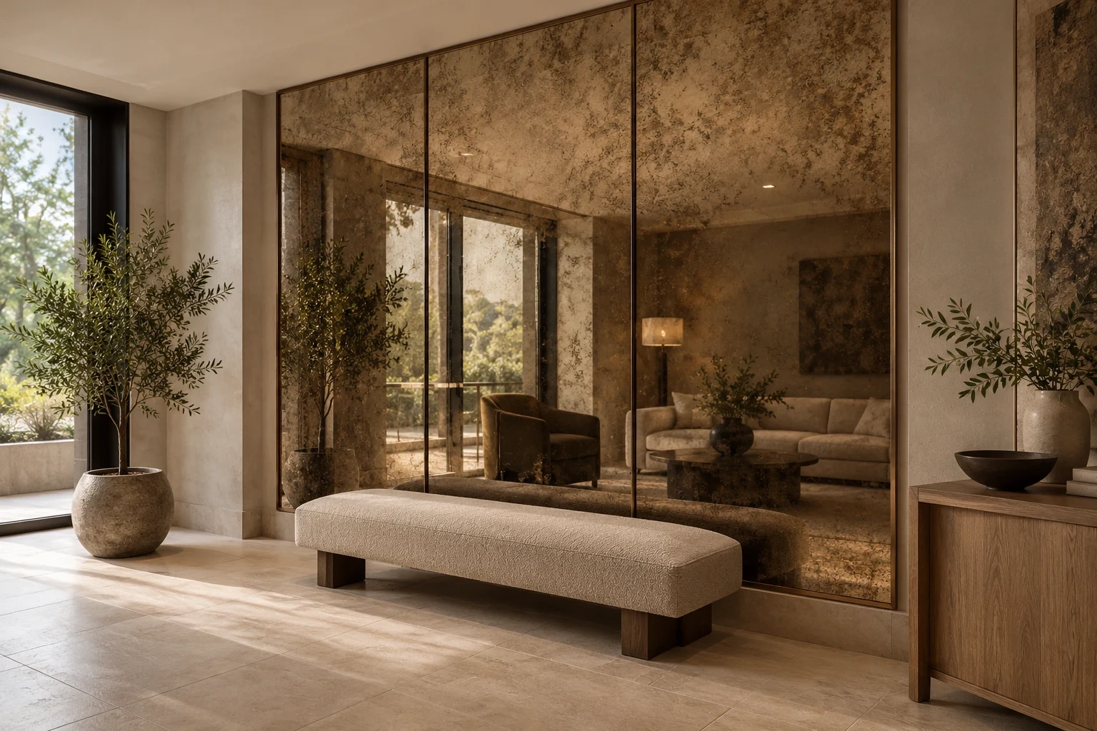 Architectural 3D concept of bronze antique-style mirror wall panels in a contemporary lounge with a pale upholstered bench