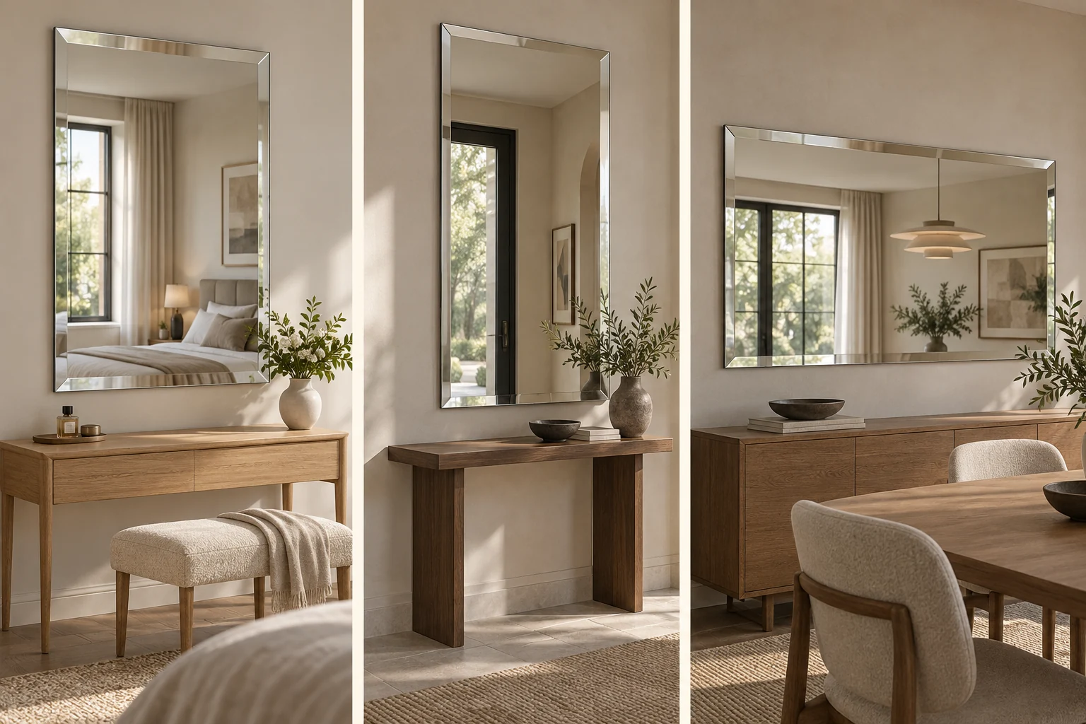 Conceptual 3D views of beveled mirrors in a bedroom dressing area, entryway, and dining room