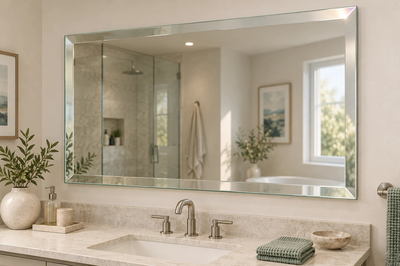 3D illustration of a frameless beveled bathroom mirror above a stone vanity
