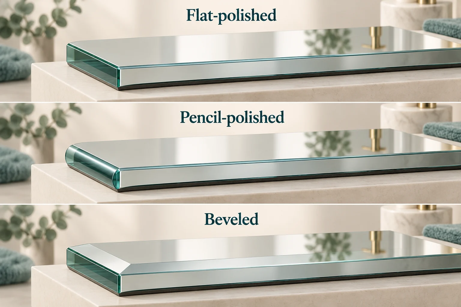 3D glass sample end profiles comparing flat-polished, pencil-polished, and beveled edges