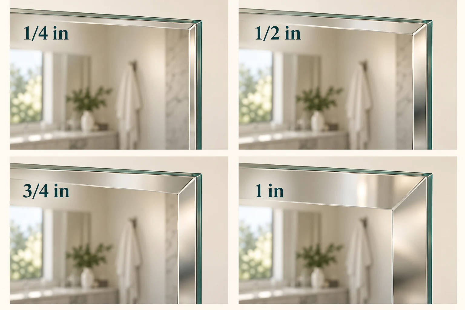 3D close-up comparison of mirror corners with quarter-inch, half-inch, three-quarter-inch, and one-inch bevel width labels