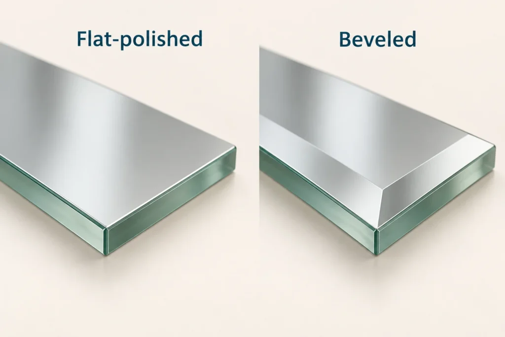 3D illustration comparing a flat-polished mirror edge with a broad shallow beveled glass edge