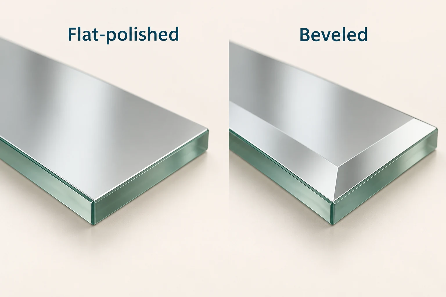 3D illustration comparing a flat-polished mirror edge with a broad shallow beveled glass edge