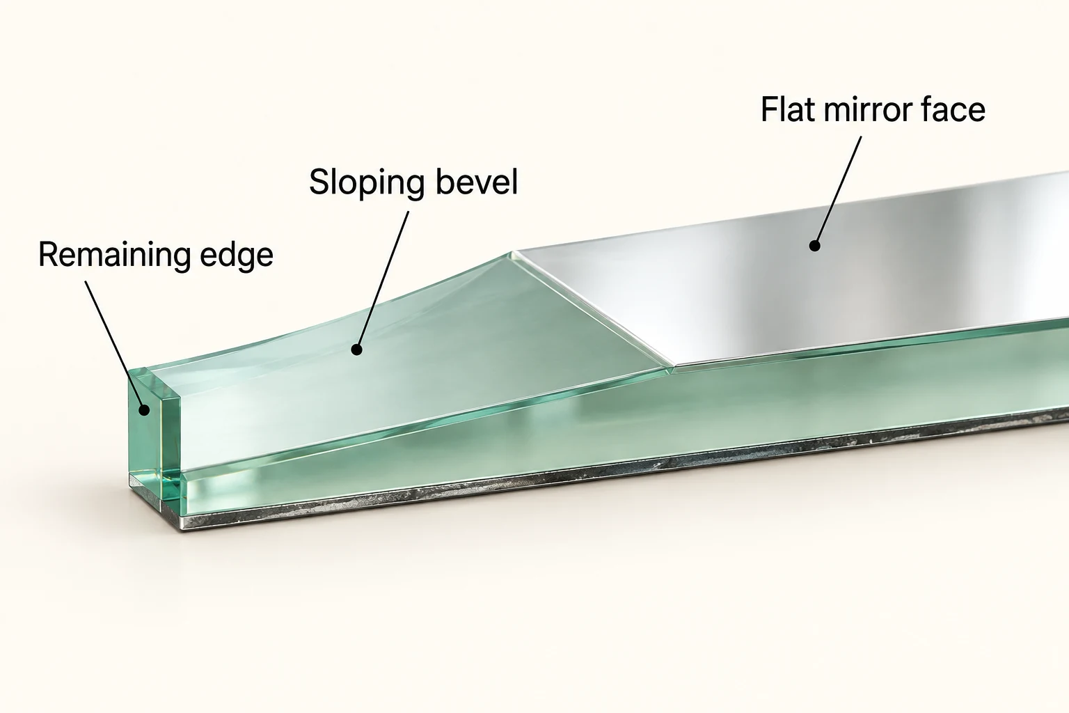 Conceptual 3D section showing a shallow sloping bevel, flat mirror face, and remaining outer edge thickness