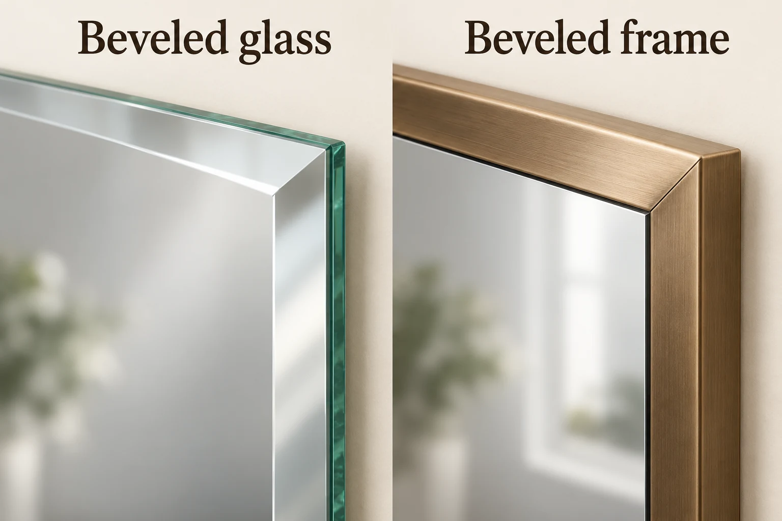 3D illustration distinguishing a bevel ground into mirror glass from an angled bronze frame around flat mirror glass