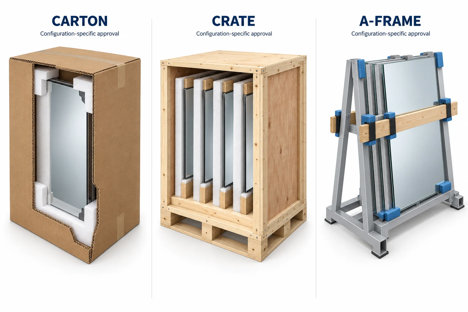 3D cutaway comparison of a cushioned mirror carton, timber-framed crate and padded steel A-frame