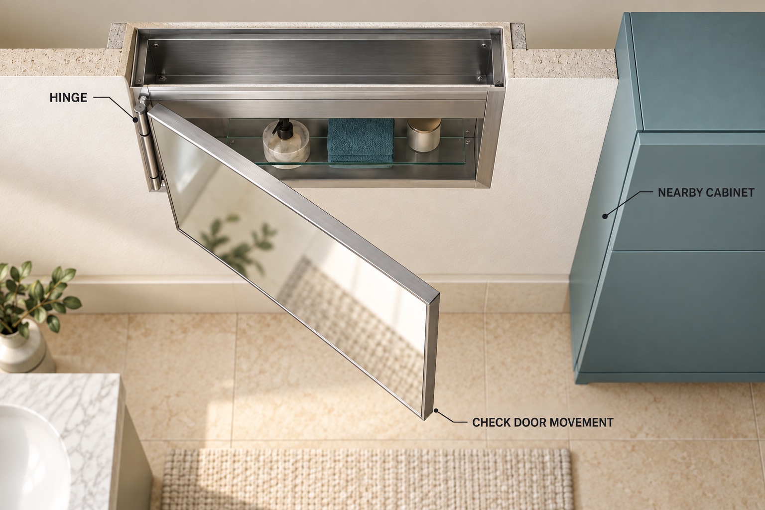 Conceptual cutaway rendering showing the hinge, open mirrored door, and a nearby cabinet to include in the clearance check