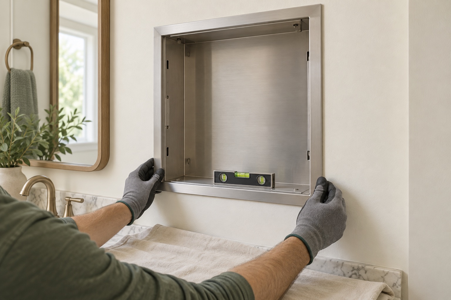 3D illustration of a supported empty cabinet body and a spirit level during a dry fit