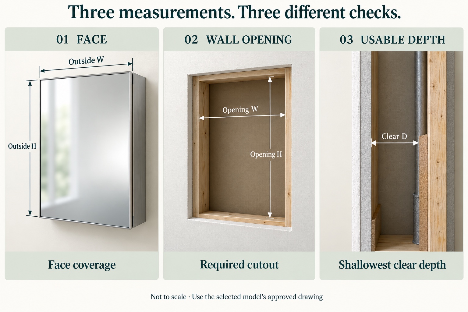 3D diagrams distinguishing mirror face dimensions, wall opening dimensions, and usable cavity depth