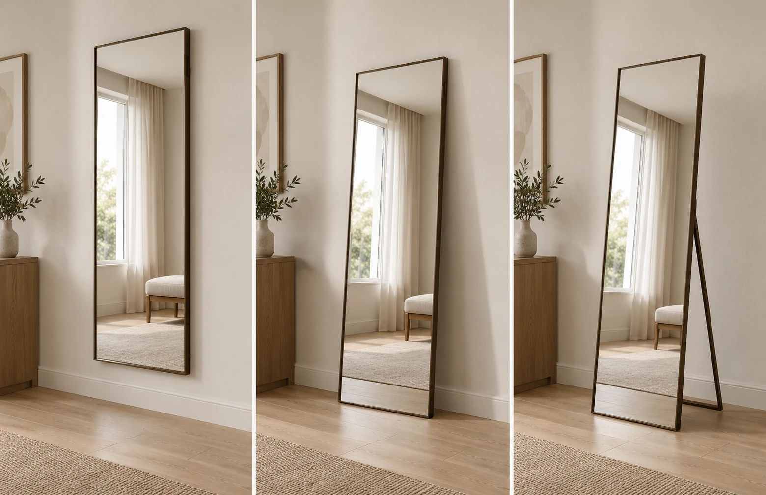 Three photorealistic concept scenes of the same full-length mirror: wall-mounted on the left, leaning against the wall in the center, and freestanding with an open rear support on the right