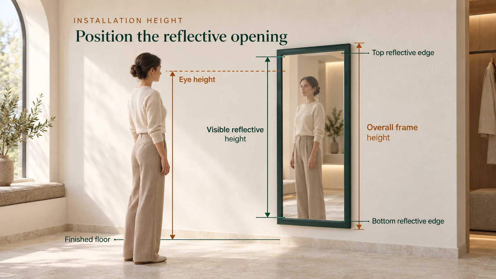 3D hotel dressing-room illustration showing eye height, overall frame height and the visible reflective edges of a wall-mounted full-length mirror