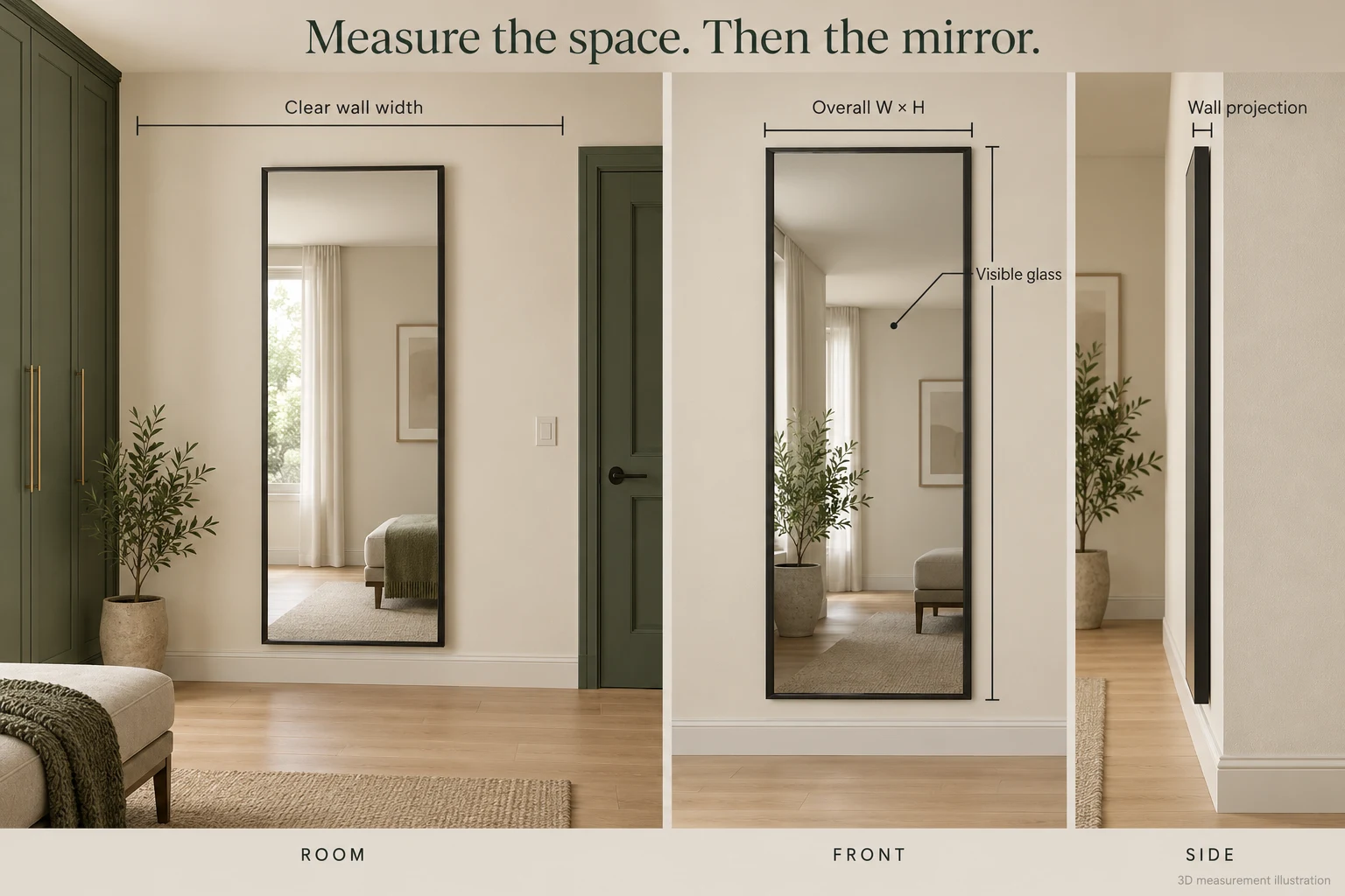 3D measurement illustration comparing clear wall width, overall mirror dimensions, visible glass and wall projection in room, front and side views