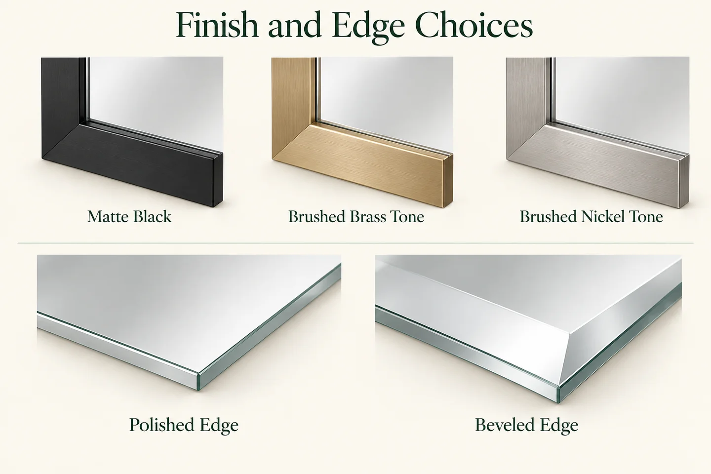 Three frame finish directions and polished versus beveled mirror edge details