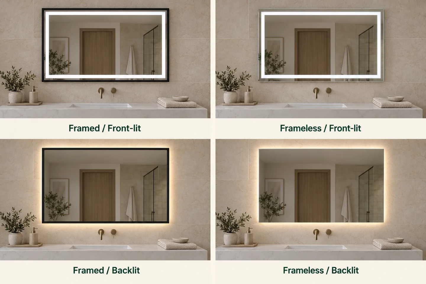 Framed and frameless mirrors with front-lit and backlit light direction