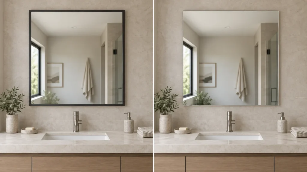 Framed and frameless mirrors compared in matching bathroom settings