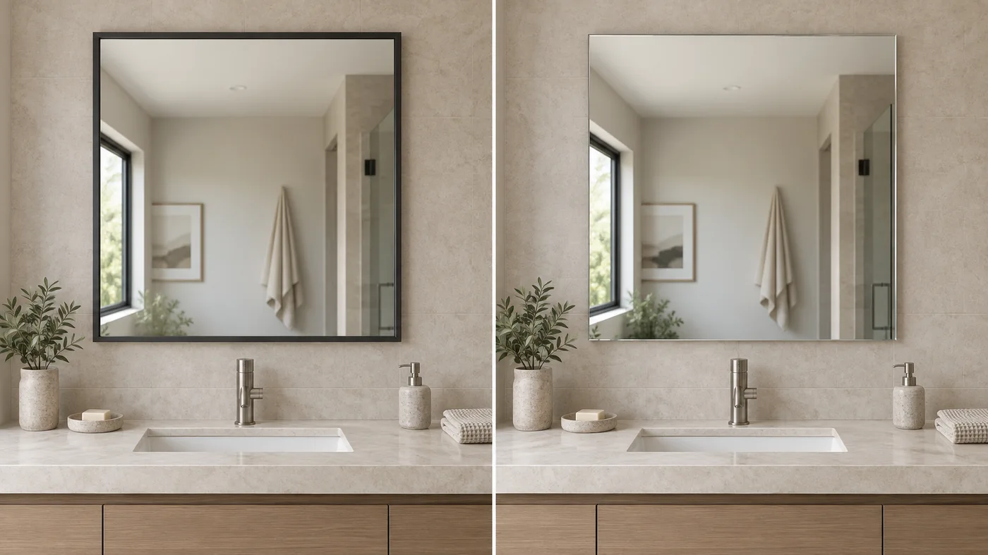 Framed and frameless mirrors compared in matching bathroom settings