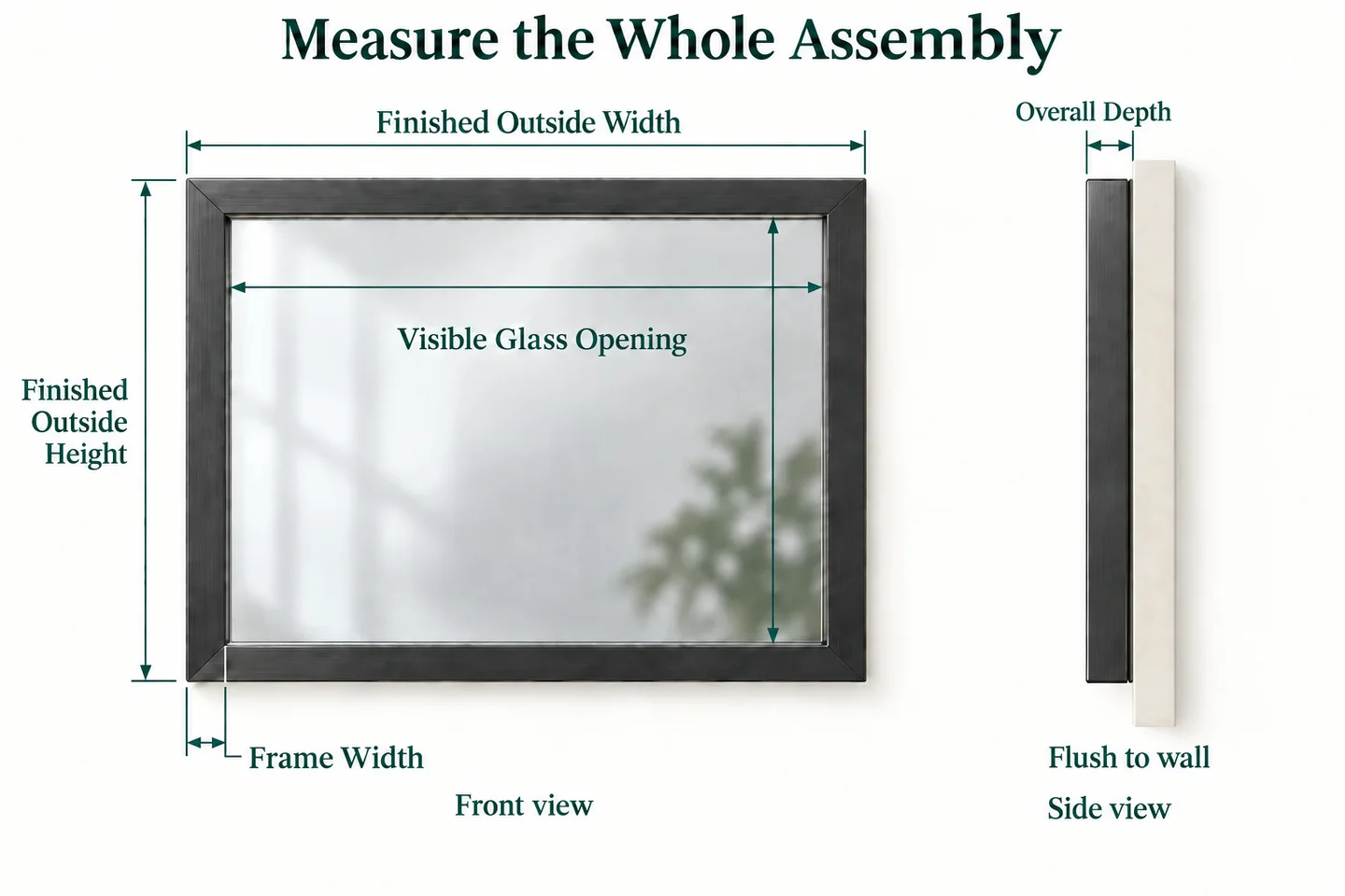 Front and side measurements showing a framed mirror flush to the wall